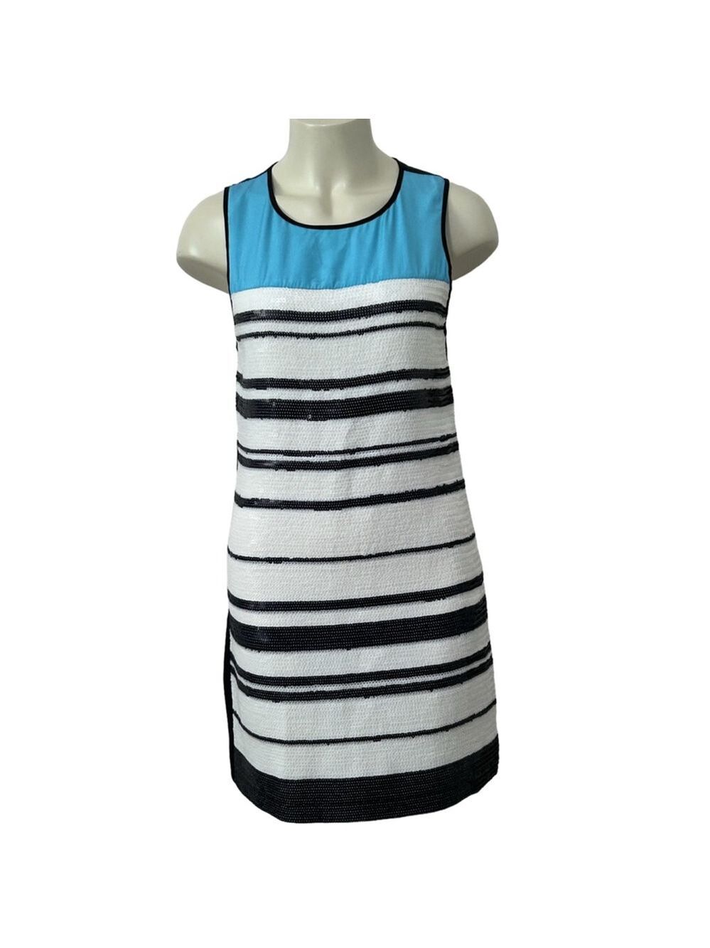 Boundary & Co. Sleeveless Silk Sequined Dress Size M Blue and White